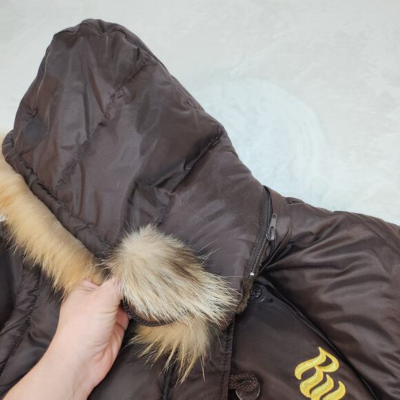 Vintage Y2k Rocawear Jacket Womens XL Down Filled Fur Trim Brown Bomber Brown - Picture 5 of 14